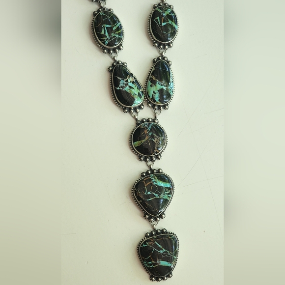Dave Skeets Blackjack Turquoise Lariat And Earrings Set Sterling BIG - Picture 2 of 6